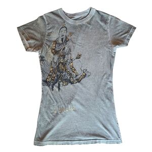 Sinful By Affliction, Buckle Womens Grey Ornate Gold Foiled Tshirt Size Medium
